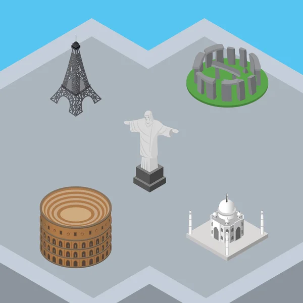 Isométrico conjunto de viajes de Coliseo, Mezquita de la India, Río y otros objetos vectoriales. También incluye Inglaterra, Cristo, Elementos de París . — Vector de stock