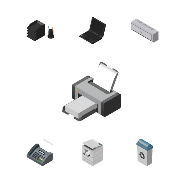 Изометрический набор офисных печатных машин, ноутбуков, настенных охладителей и других векторных объектов. Также включает ноутбук, лоток, компьютерные элементы . — стоковый вектор