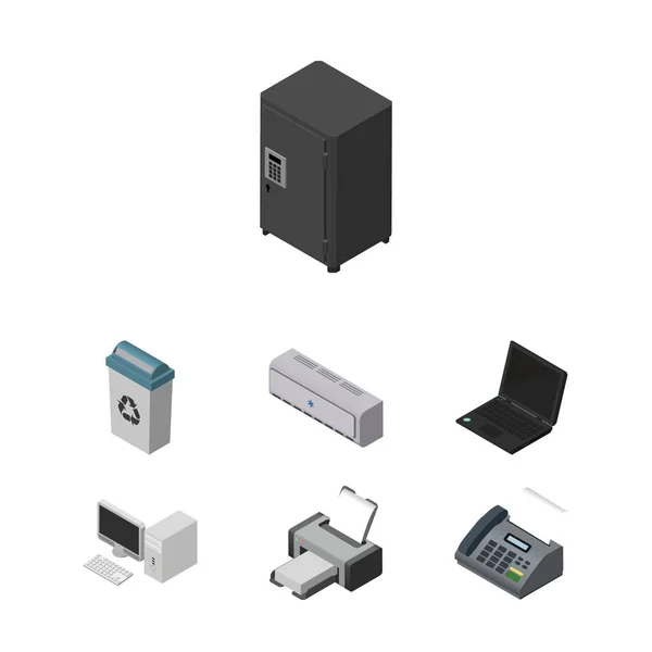 Isometrisches Arbeitsset aus Müllbehälter, Safe, Bürotelefon und anderen Vektor-Objekten. umfasst auch Maschinen, Desktops, Computerelemente. — Stockvektor