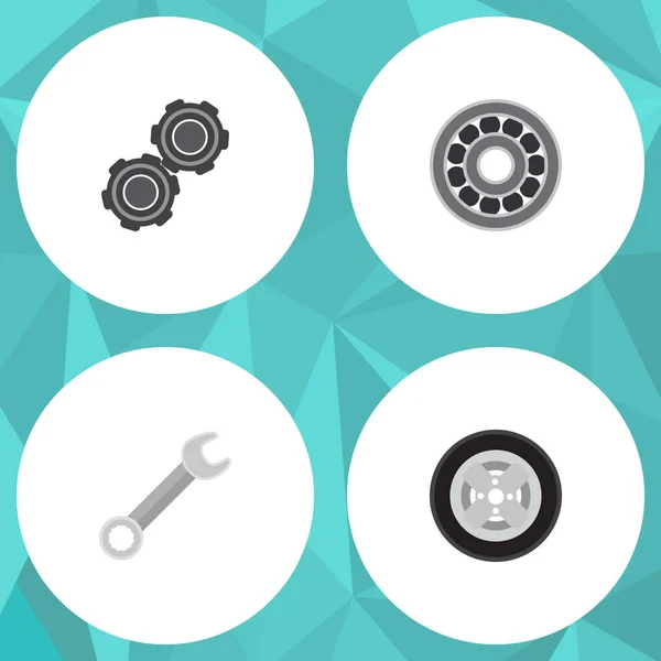 Flat Service Set med bälte, däck, bromsa disken och andra vektorobjekt. Innehåller även hjul, skiftnyckel, bälte element. — Stock vektor