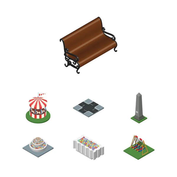 Isometric City Set Of Sitting, Seesaw, Carrossel e outros objetos vetoriais. Também inclui banco, monumento, elementos de encruzilhada . — Vetor de Stock