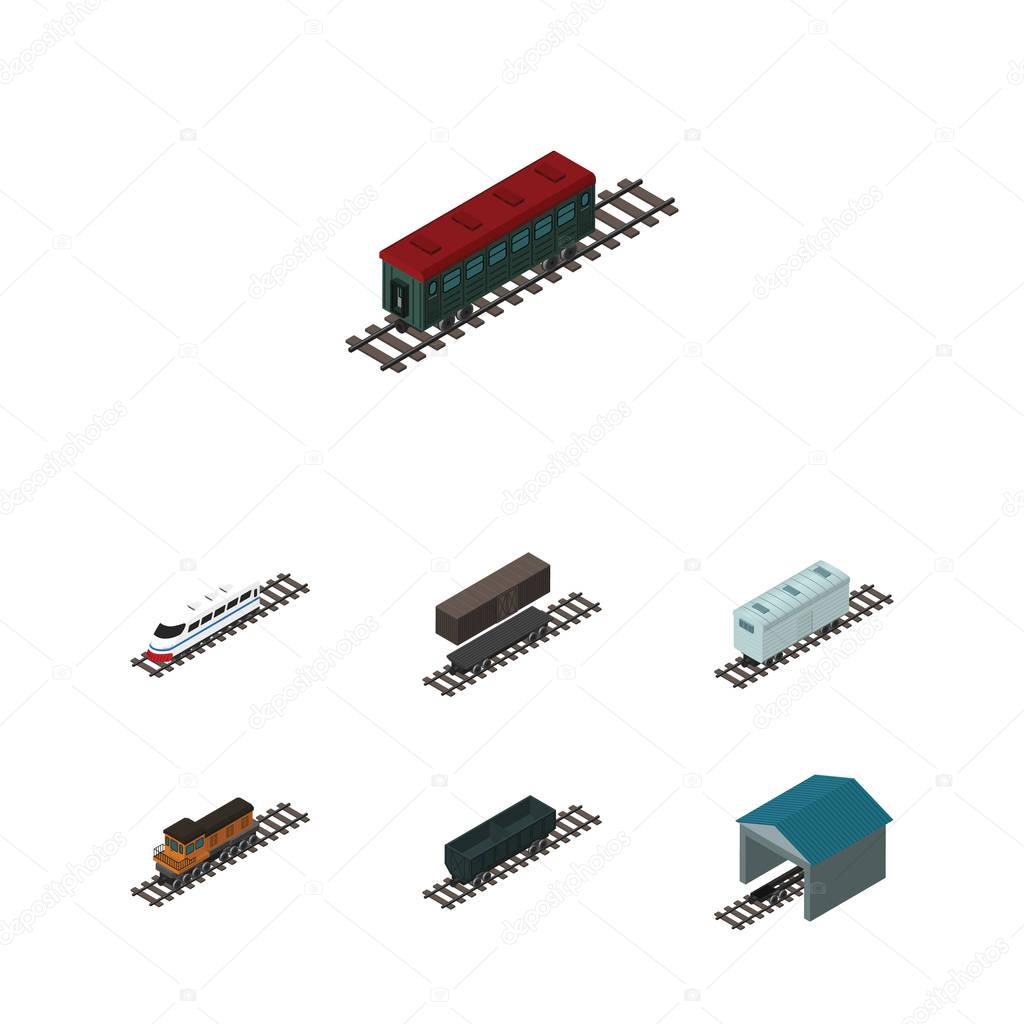Isometric Railway Set Of Depot, Train, Railroad Carriage And Other Vector Objects. Also Includes Railway, Train, Coal Elements.
