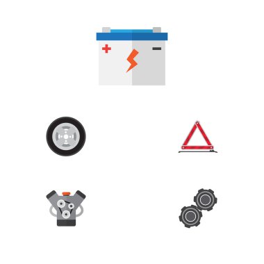 Düz hizmet kemer, Motor, uyarı ve diğer vektör nesneleri kümesi. Ayrıca pil, tekerlek, kasnak öğeleri içerir.