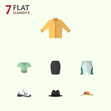 Düz elbise şort bez, şık şapkalar, şık giyim ve diğer vektör nesnelerini ayarlayın. Ayrıca spor ayakkabı, gömlek, bluz unsurları içerir.