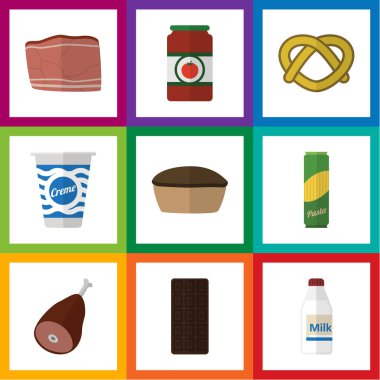 Düz mutfak sığır eti, yoğurt, ketçap ve diğer vektör nesneleri kümesi. Aynı zamanda şişe, et, krem unsurları içerir.