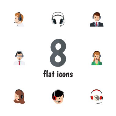 Düz arama Telefonla satış, Sekreter, hizmet ve diğer vektör nesneleri kümesi. Ayrıca yardım, destek, kulaklık öğeleri içerir.