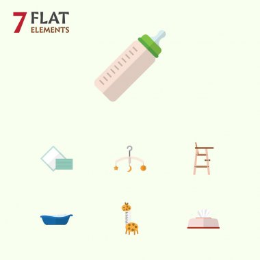 Düz bebek oyuncak, besleyici, peçete ve diğer vektör nesneleri kümesi. Ayrıca Besleyici, havlu, alt öğeler içerir.