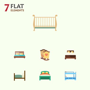 Hostel, mobilya, yatak ve diğer vektör nesnelerini düz kümesi. Ayrıca çocuk, yatak odası, yatak öğeleri içerir.
