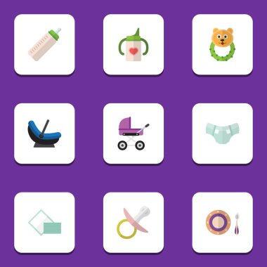 Hemşirelik şişe, Bebek plaka, bebek arabası ve diğer vektör nesnelerini düz bebek kümesi. Ayrıca çocuk arabası, besleyici, beşik unsurları içerir.