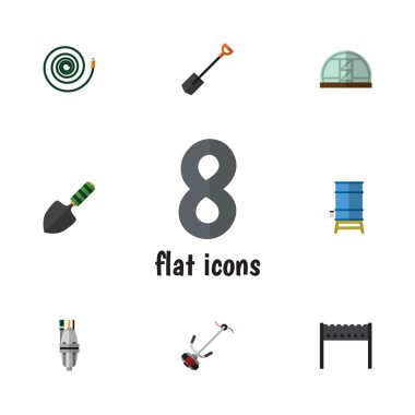 Düz Bahçe çim-kesici, mala, Spade ve diğer vektör nesneleri kümesi. Ayrıca mala, konteyner, su unsurları içerir.