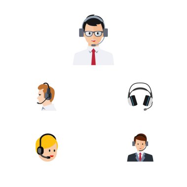 Düz Telefonla satış yardım, kulaklık, telefonla satış ve diğer vektör nesneleri kümesi. Ayrıca Online, kulaklık, Sekreter unsurları içerir.