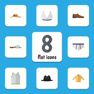Düz giysi Brasserie, Panama, şık şapkalar ve diğer vektör nesneleri kümesi. Ayrıca Banyan, Flip, çamaşır grupları öğelerini içerir.