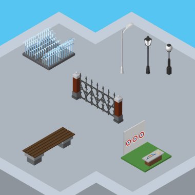 İzometrik mimari amaçlayan oyun ve diğer vektör nesneleri çit, Çeşme, ayarlayın. Ayrıca Park, tezgah, Şehir öğeleri içerir.