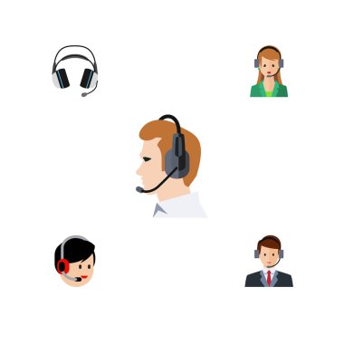 Düz Merkezi Telefonla satış, hattı, operatör ve diğer vektör nesneleri kümesi. Ayrıca kulaklık, kulaklık, destek unsurları içerir.