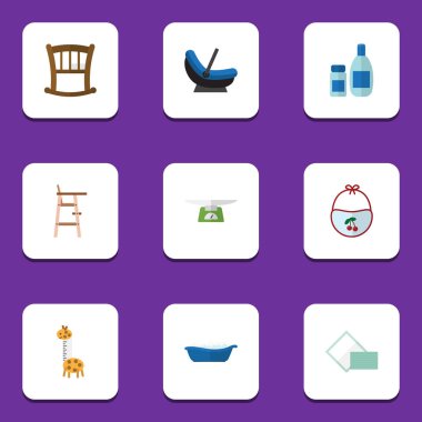 Düz çocuk peçete, Bebek karyolası, önlük ve diğer vektör nesneleri kümesi. Ayrıca önlük, losyon, zürafa öğeleri içerir.