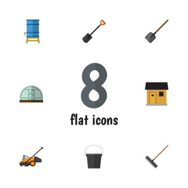 Düz kulübemde otlak, konteyner, kürek ve diğer vektör nesneleri kümesi. Aynı zamanda sera, ahır, sera öğeler içerir.