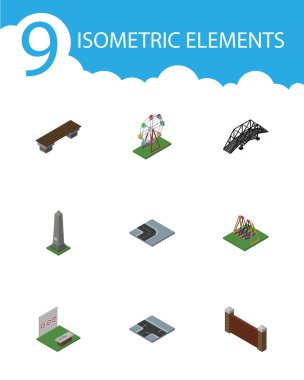 İzometrik şehir dönüm Road, Dc anıt, kavşak ve diğer vektör nesneleri kümesi. Swing, okçuluk, köprü öğeleri de içerir.
