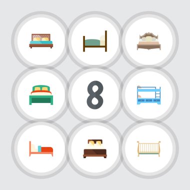 Düz yatak yatak odası, Hostel, karyolası ve diğer vektör nesneleri kümesi. Ayrıca yatağı, yatak, beşik unsurları içerir.