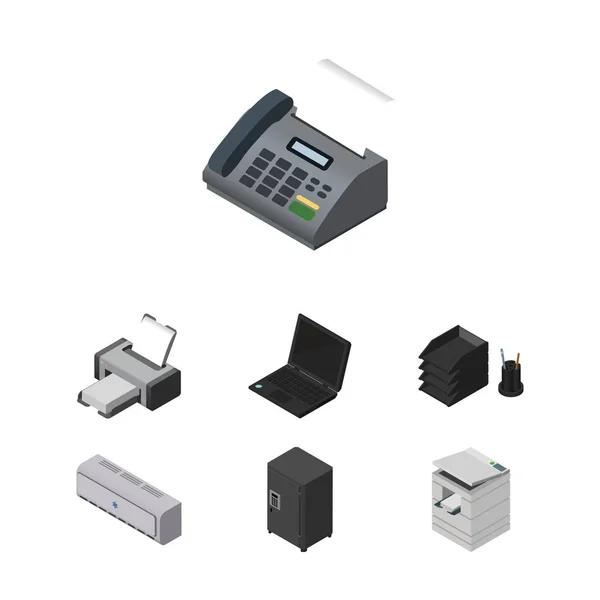 Conjunto de trabajo isométrico de computadora portátil, caja fuerte, teléfono de oficina y otros objetos vectoriales. También incluye Telefax, Fotocopiadora, Elementos telefónicos . — Vector de stock
