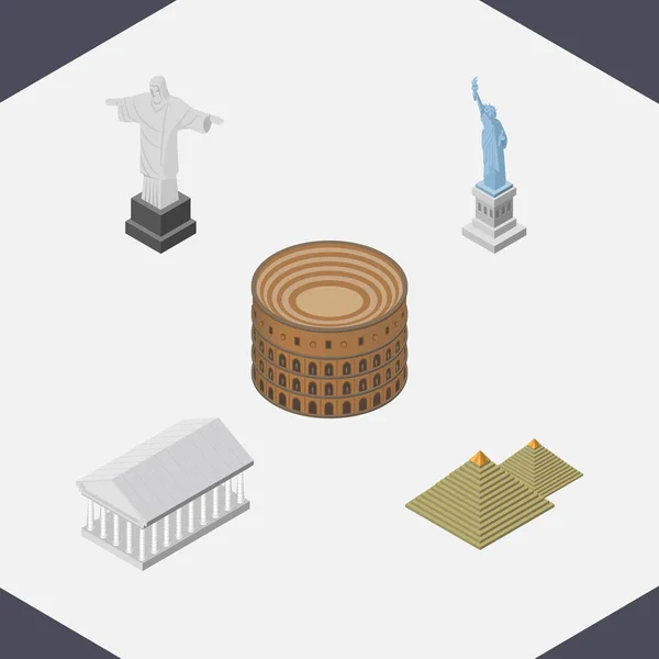 Isometric Attraction Set Of New York, Egypt, Rio And Other Vector Objects. Also Includes Liberty, Coliseum, Athens Elements.