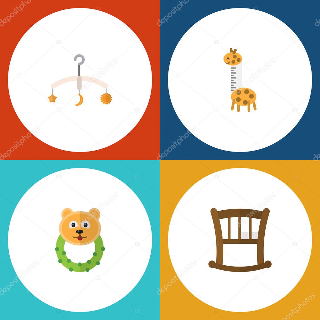 Flat Kid Set Of Rattle, Mobile, Infant Cot And Other Vector Objects. Also Includes Giraffe, Crib, Infant Elements.