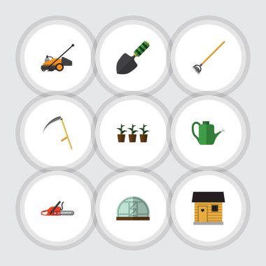 Düz kulübemde aracı, çim biçme makinesi, mala ve diğer vektör nesneleri kümesi. Ayrıca mala, Spatula, saksı öğeleri içerir.