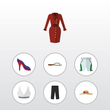 Düz giysileri plaj sandalet, giyim, Brasserie vektör nesneleri kümesi. Aynı zamanda Sandal, Giysi, şapka unsurları içerir.