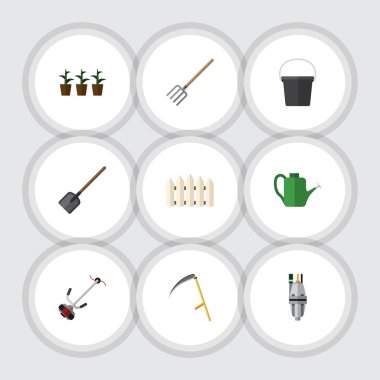 Düz Bahçe çim-kesici, kürek, saman çatal ve diğer vektör nesneleri kümesi. Bariyer, Yaba, çit öğeleri de içerir.