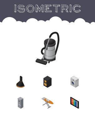 İzometrik elektronik Vac, mutfak dolabı, müzik kutusu ve diğer vektör nesneleri kümesi. Ayrıca öğeleri Ütü panosu, hoparlör, içerir.