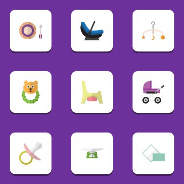 Düz çocuk çocuk arabası, çocuk ölçekler, mobil ve diğer vektör nesneleri kümesi. Aynı zamanda meme, çocuk, ölçekler unsurları içerir.