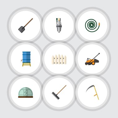 Düz kulübemde pompa, kesici, konteyner ve diğer vektör nesneleri kümesi. Ayrıca tırpan, Harrow, ekipman öğeler içerir.