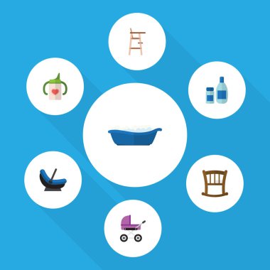 Düz çocuk Hemşirelik şişe, bebek arabası, küvet ve diğer vektör nesneleri kümesi. Aynı zamanda şişe, losyon, bebek arabası öğeleri içerir.