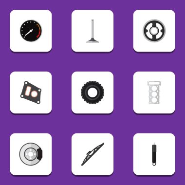 Düz otomatik Tachometr, tekerlek, Metal ve diğer vektör nesneleri kümesi. Ayrıca ambalaj, emici, Segment öğeleri içerir.