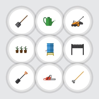 Düz Bahçe çim biçme makinesi, saksı, konteyner ve diğer vektör nesneleri kümesi. Ayrıca kürek, çim, kapsayıcı öğeler içerir.