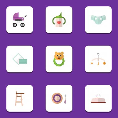 Düz bebek çıngırak, Bebek plaka, bebek arabası ve diğer vektör nesneleri kümesi. Ayrıca alt, puf, kutusu öğeleri içerir.