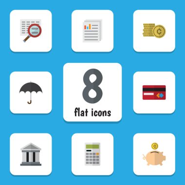 Düz Maliye belge, şemsiye, para Kasası ve diğer vektör nesneleri kümesi. Ayrıca Beach, dosya, hesap makinesi öğeleri içerir.