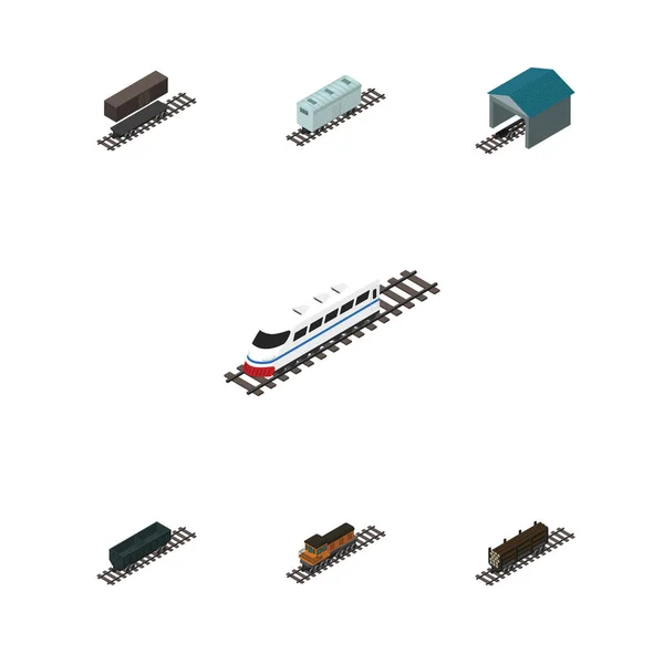 Ensemble de chemin de fer isométrique de chariot de chemin de fer, réservoir de livraison, dépôt et autres objets vectoriels. Comprend aussi dépôt, bois d'oeuvre, éléments de locomotive . — Image vectorielle