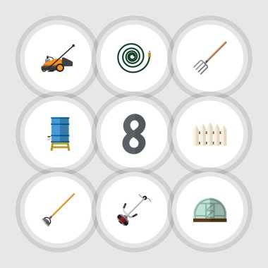 Düz kulübemde çim biçme makinesi, konteyner, sera ve diğer vektör nesneleri kümesi. Aynı zamanda su, sera, ahşap öğeleri içerir.