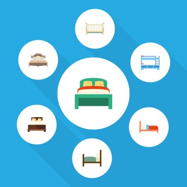 Düz yatak odası ranza yatak, yatak, yatak ve diğer vektör nesneleri kümesi. Ayrıca yatağı, beşik, yatak unsurları içerir.