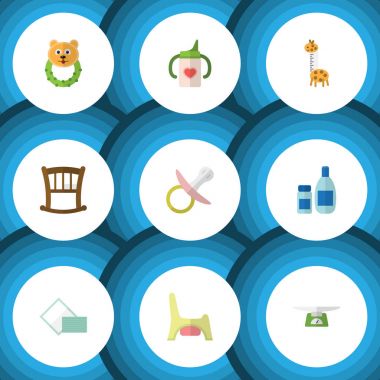 Düz çocuk meme, peçete, krem losyon ve diğer vektör nesneleri ile ayarlayın. Ayı, ölçekler, Rattle öğeleri de içerir.