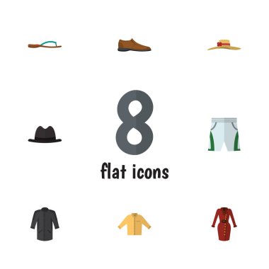 Düz hazır giyim erkek Footware, Banyan, mayo kumaş ve diğer vektör nesneleri kümesi. Ayrıca Kimono, Mayo, kadın öğeleri içerir.