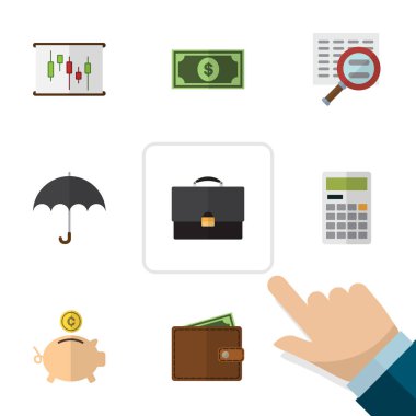 Maliye Set diyagramının düz, hesaplamak, şemsiye ve diğer vektör nesneleri. Ayrıca Diplomat, banka, m-cüzdan öğeleri içerir.