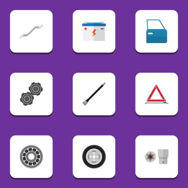 Düz otomatik fren Disk, lastik, akü ve diğer vektör nesneleri kümesi. Ayrıca uyarı, Disk, pil öğeleri içerir.