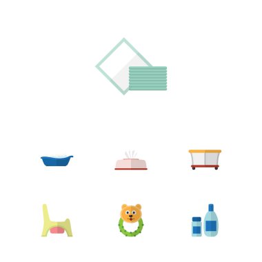 Düz bebek çıngırak, tuvalet, krem losyon ve diğer vektör nesneleri kümesi. Ayrıca banyo, tuvalet, çocuk parkı unsurları içerir.