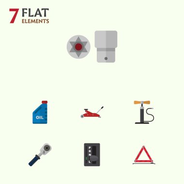 Düz otomatik kilit, benzin, çarkı pompa ve diğer vektör nesneleri kümesi. Pompa, tornavida, acil öğeleri de içerir.