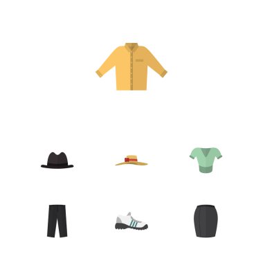 Düz elbise pantolon, Banyan, şık giyim ve diğer vektör nesneleri kümesi. Ayrıca şapka, pantolon, tozluk öğeleri içerir.