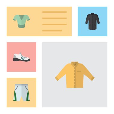 Düz giysi seti mayo kumaştan Casual, Banyan ve diğer vektör nesneleri. Ayrıca içerir gömlek, üniforma, giysileri öğeleri.