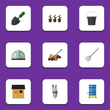 Düz çiftlik sera, çim biçme makinesi, saman çatal ve diğer vektör nesneleri kümesi. Ayrıca kürek, mala, Tank unsurları içerir.