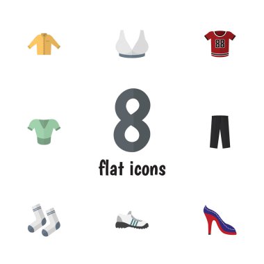 Düz hazır giyim pantolon, Banyan, topuklu ayakkabı ve diğer vektör nesneleri kümesi. Ayrıca içerir topuklu, Banyan, dokuma detayları.