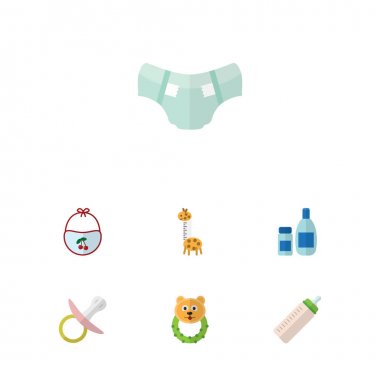 Bebek bezi, Rattle, oyuncak ve diğer vektör nesnelerini düz bebeğim kümesi. Ayrıca Besleyici, Bib, krem öğeleri içerir.